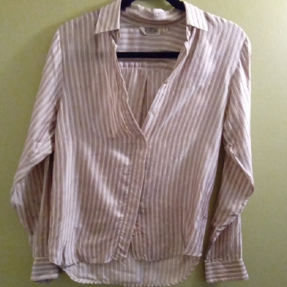 Womans 4 Royalsilk Cream Relaxed ButtonedSleeve Notched Collar Button Down Shirt - Picture 1 of 4